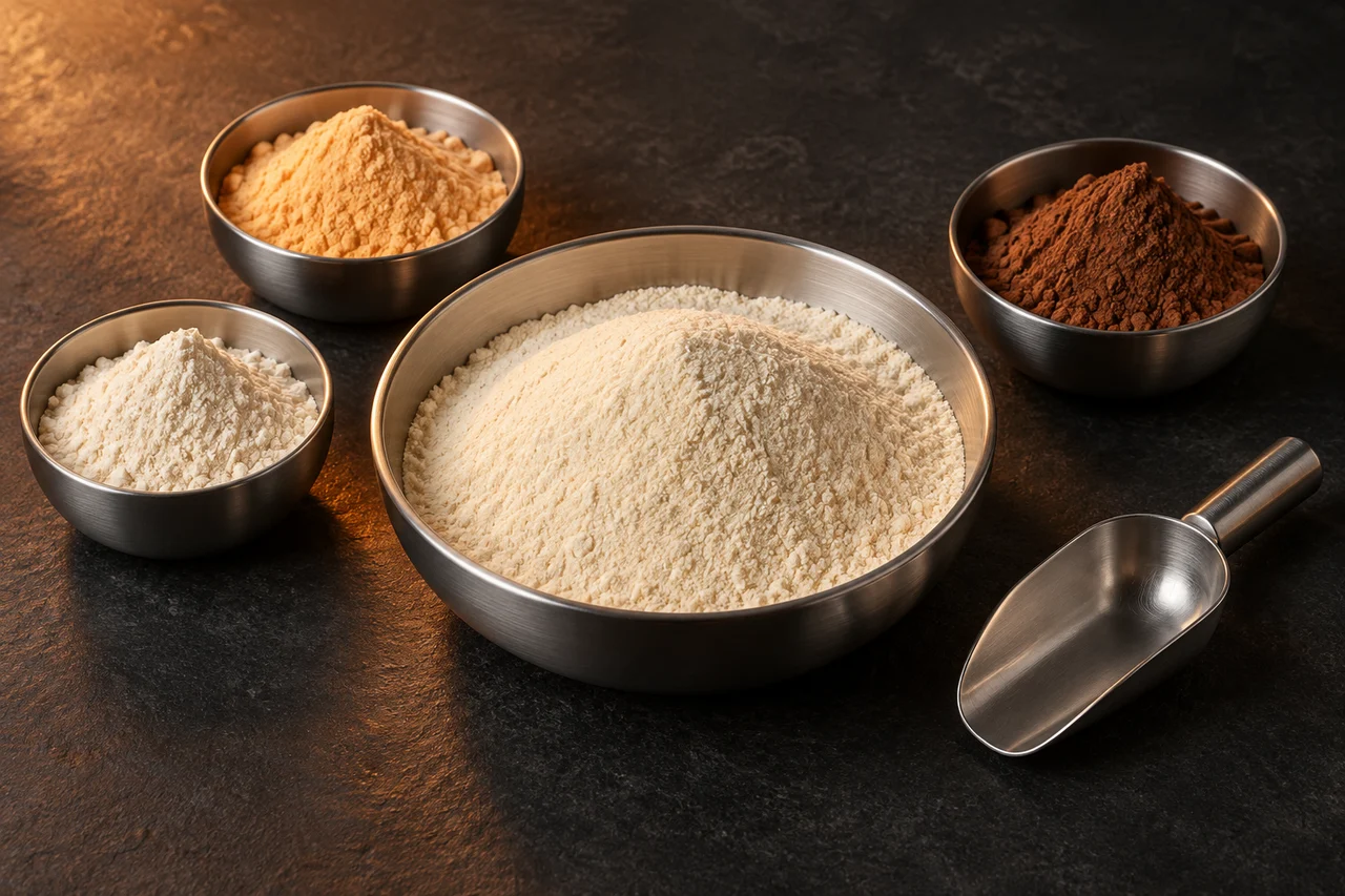 Illustrative powder still life with separate ingredient bowls surrounding a larger bowl of finished blend and a metal scoop