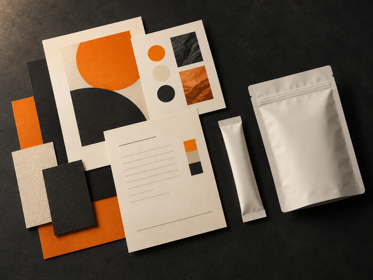 Illustrative brand concept board with layered direction sheets, an orange and charcoal color palette, and blank packaging mockups