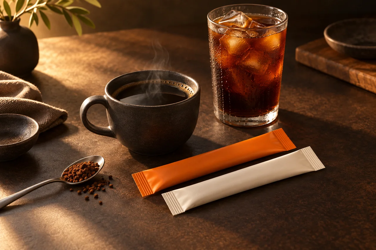 Illustrative coffee ritual with a warm ceramic cup, iced coffee, instant coffee granules, and orange and ivory stick packs