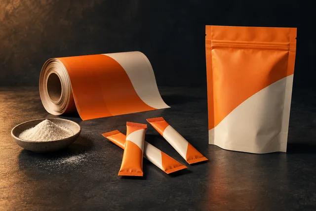 Illustrative concept of powder, printed film, filled stick packs and a retail pouch