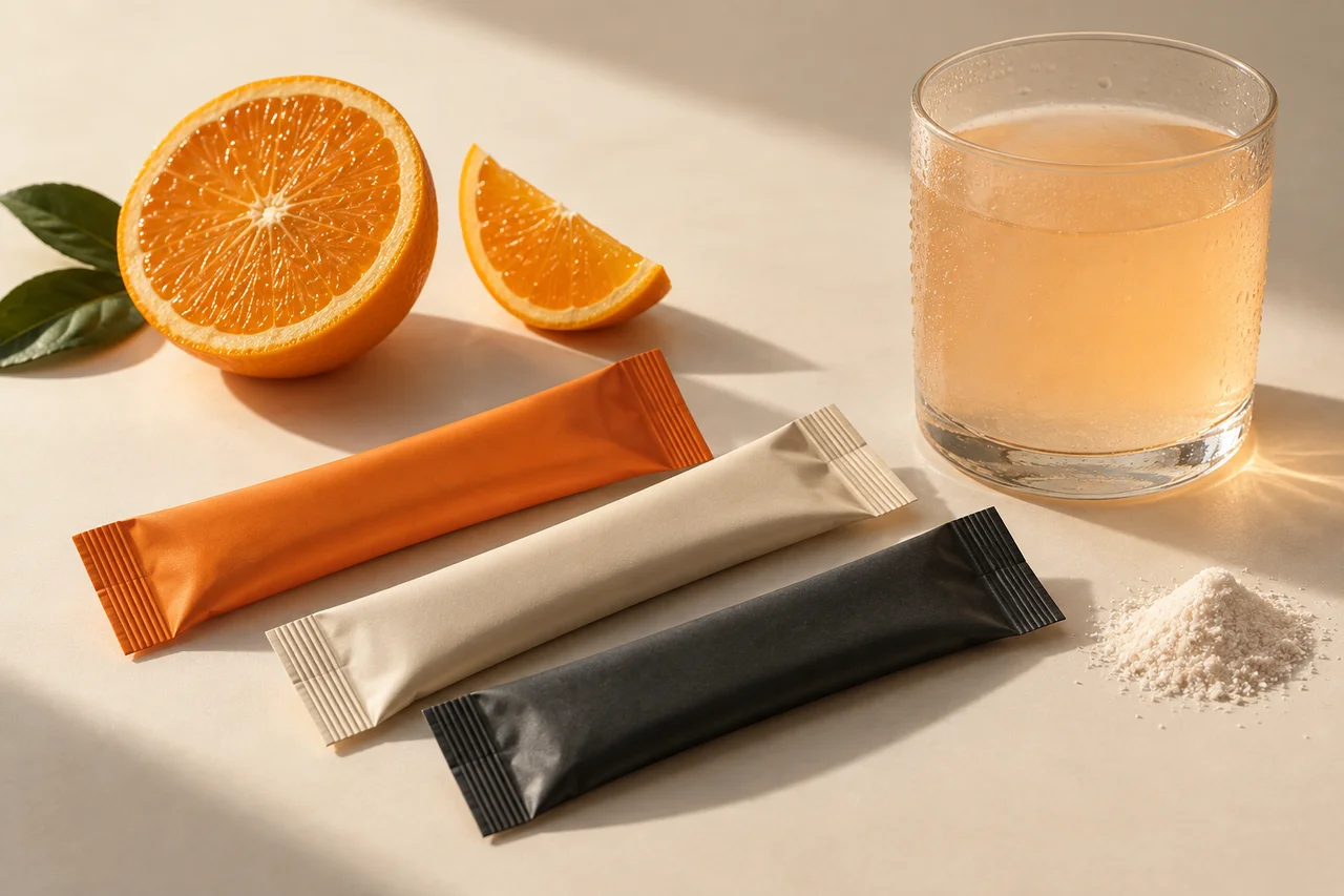 Illustrative electrolyte packaging concept: orange, cream and charcoal powder sticks with citrus and a glass of water