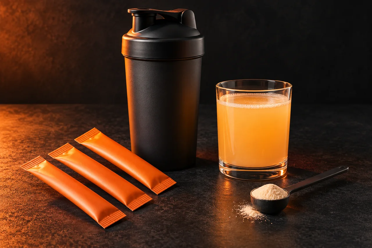 Illustrative sports-nutrition product concept with a dark shaker, orange stick packs, powder, and a pale orange drink