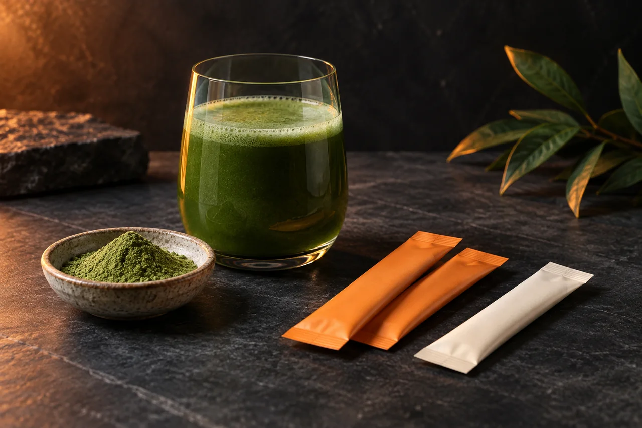 Illustrative greens product concept with green powder, a prepared drink, and orange and ivory stick packs against charcoal