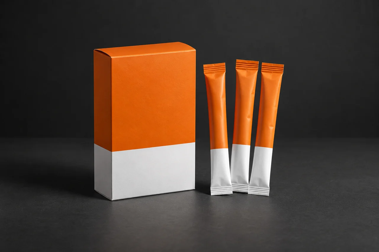 Illustrative orange-and-white retail carton with matching individual powder stick packs