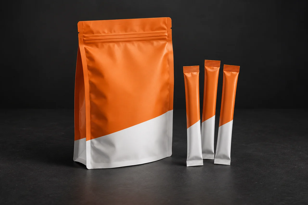 Illustrative orange-and-white sticks in a pouch packaging concept