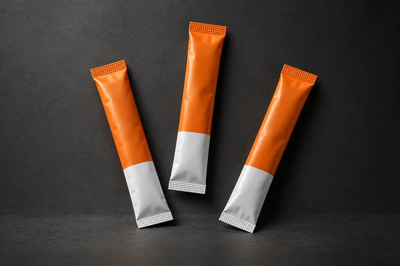 Illustrative orange-and-white individual sticks packaging concept