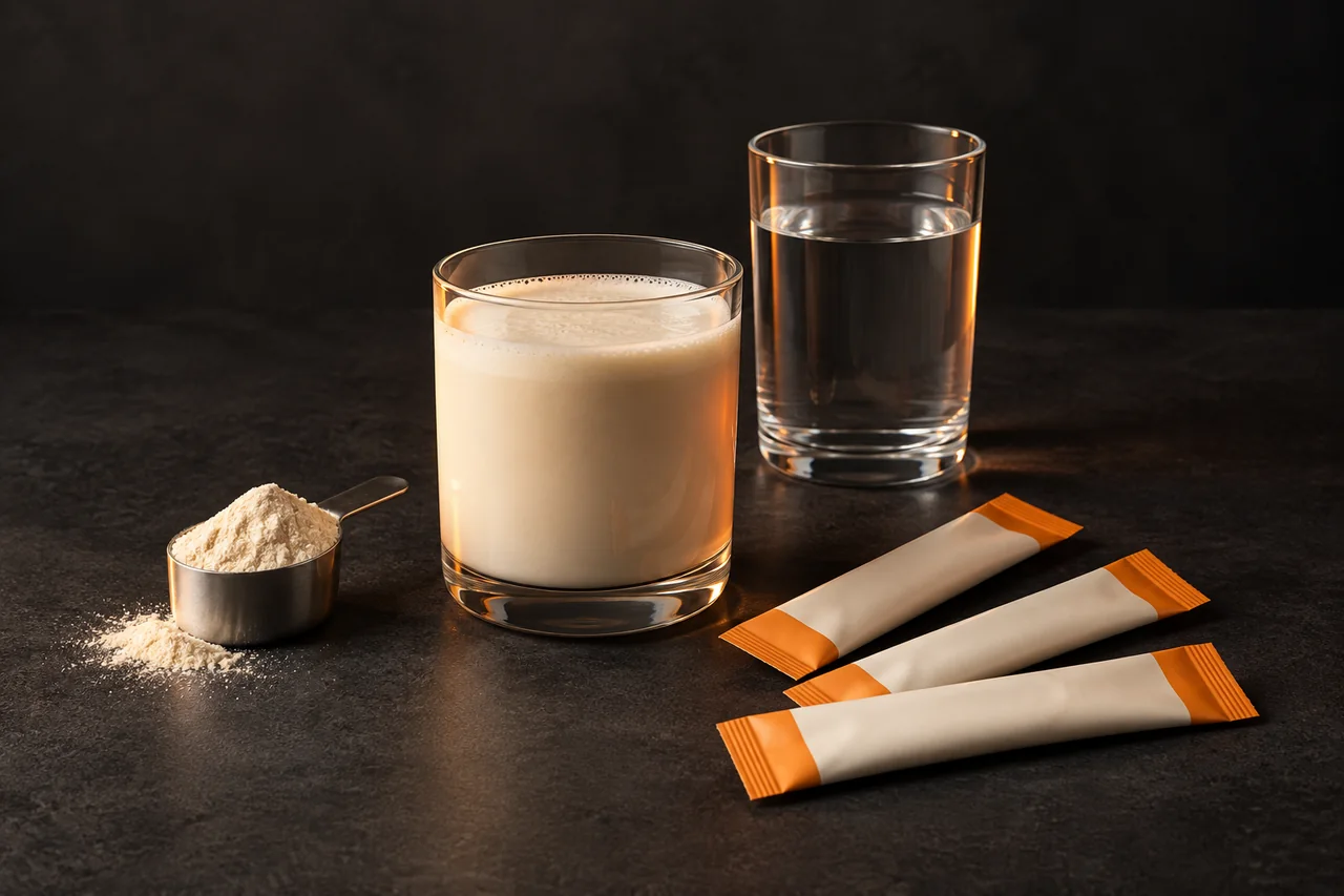 Illustrative protein and collagen serving concept with a creamy drink, clear water, powder scoop, and orange and ivory stick packs