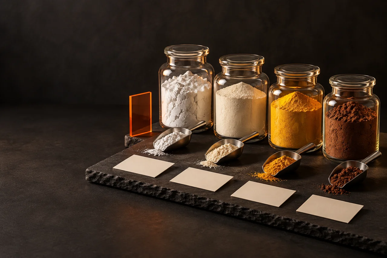 Illustrative ingredient library with jars of differently textured powders, metal scoops, and blank specification cards