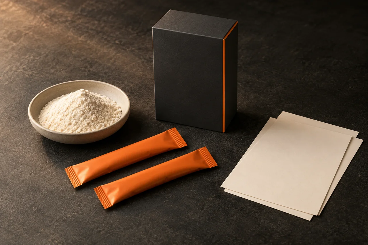 Illustrative supplement packaging concept with neutral powder, orange stick packs, a charcoal carton, and blank specification sheets